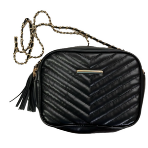 Black purse with strap gold accents zipper tassel vegan‎ leather